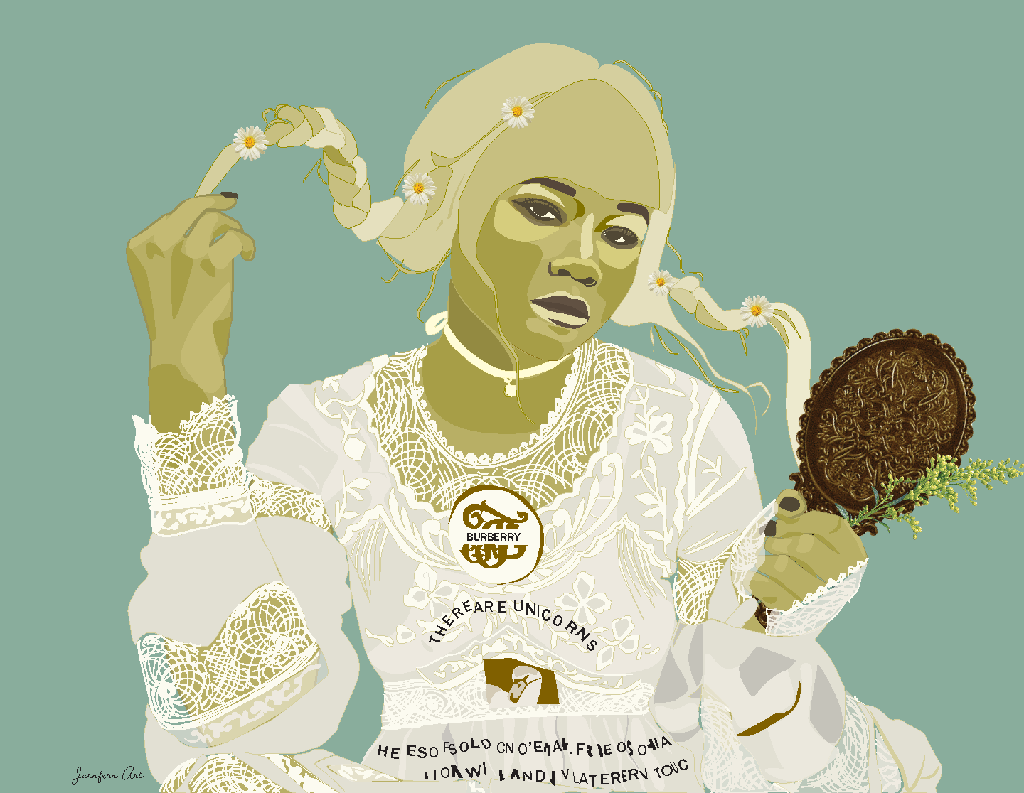 An illustration print with a sage green background and a graphic drawing of actress Storm Reid with her hair in pigtail braids, and wearing a white embroidered Burberry dress and ribbon choker, while holding a gold antique mirror and some wild flowers