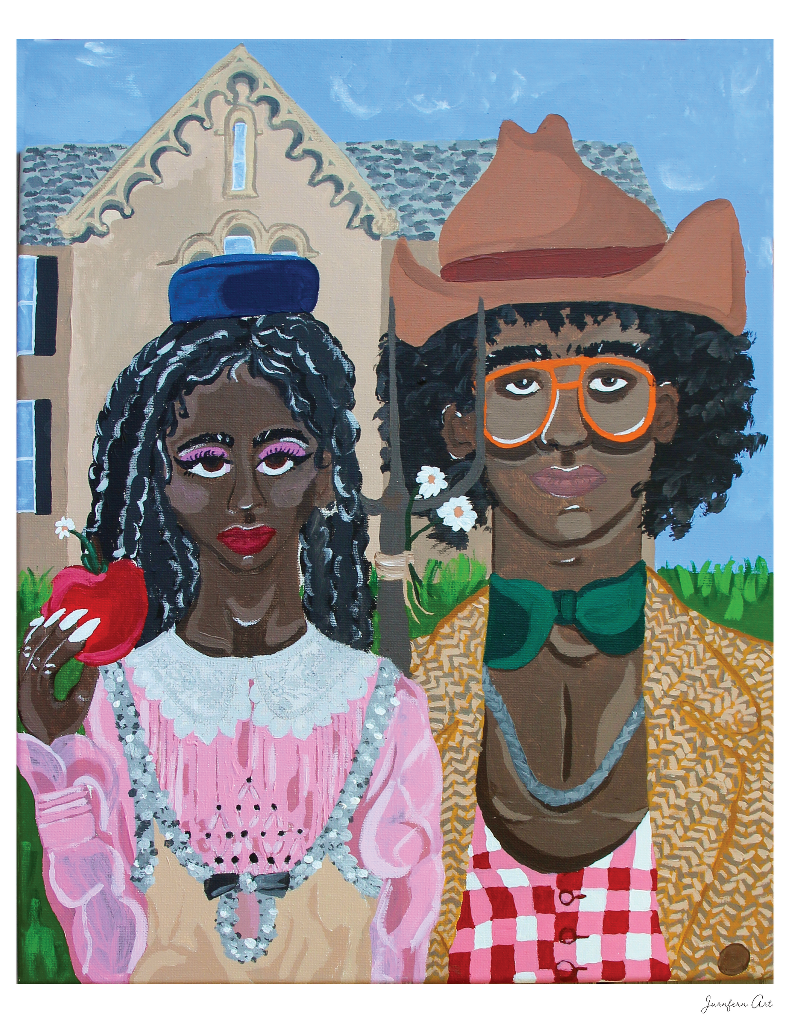 A painting reminiscent of the classic American Gothic, but with a Black couple wearing 'rural' outfits by Gucci