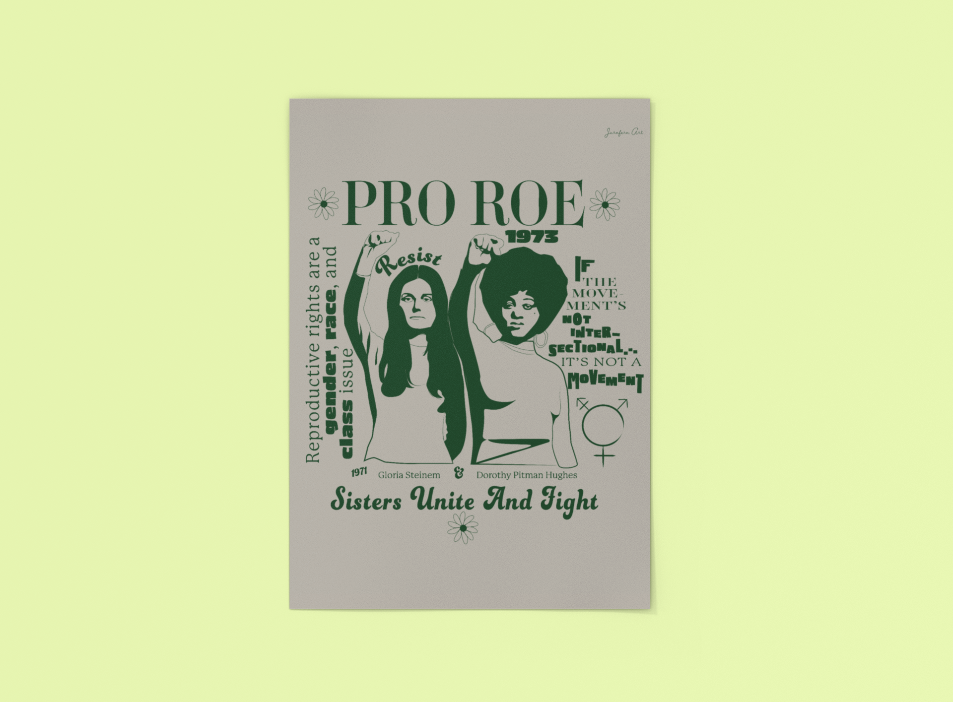 A beige 18 by 24 inch poster with an illustration on it of activists Gloria Steinem and Dorothy Pitman Hughes and text that reads "PRO ROE 1973"