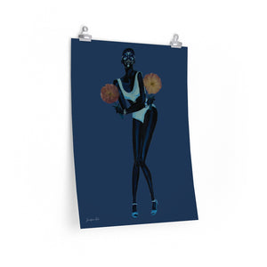 18 x 24 inch matte poster with an image of a monochrome blue painting of Black model Adut Akech wearing a Chanel swimsuit and holding pressed flowers with a dark blue background