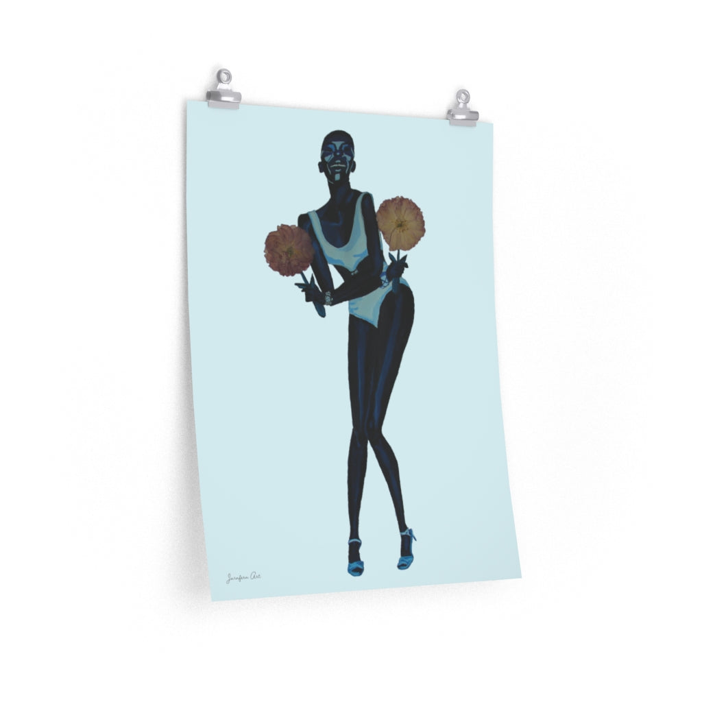 18 by 24 inch matte poster with an image of a painting of Black supermodel Adut Akech modeling a Chanel one-piece swimsuit and holding pressed flowers with a light blue background