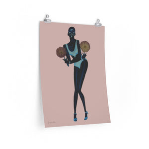 18 x 24 inch matte poster with a painting of Black model Adut Akech wearing a Chanel swimsuit and holding pink pressed flowers with a light pink background