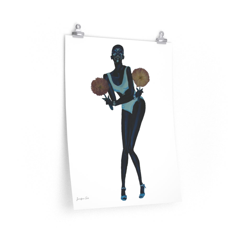 18 by 24 inch matte poster with a an image of a monochrome blue painting of Black model Adut Akech wearing a Chanel swimsuit and holding pressed flowers with a white background