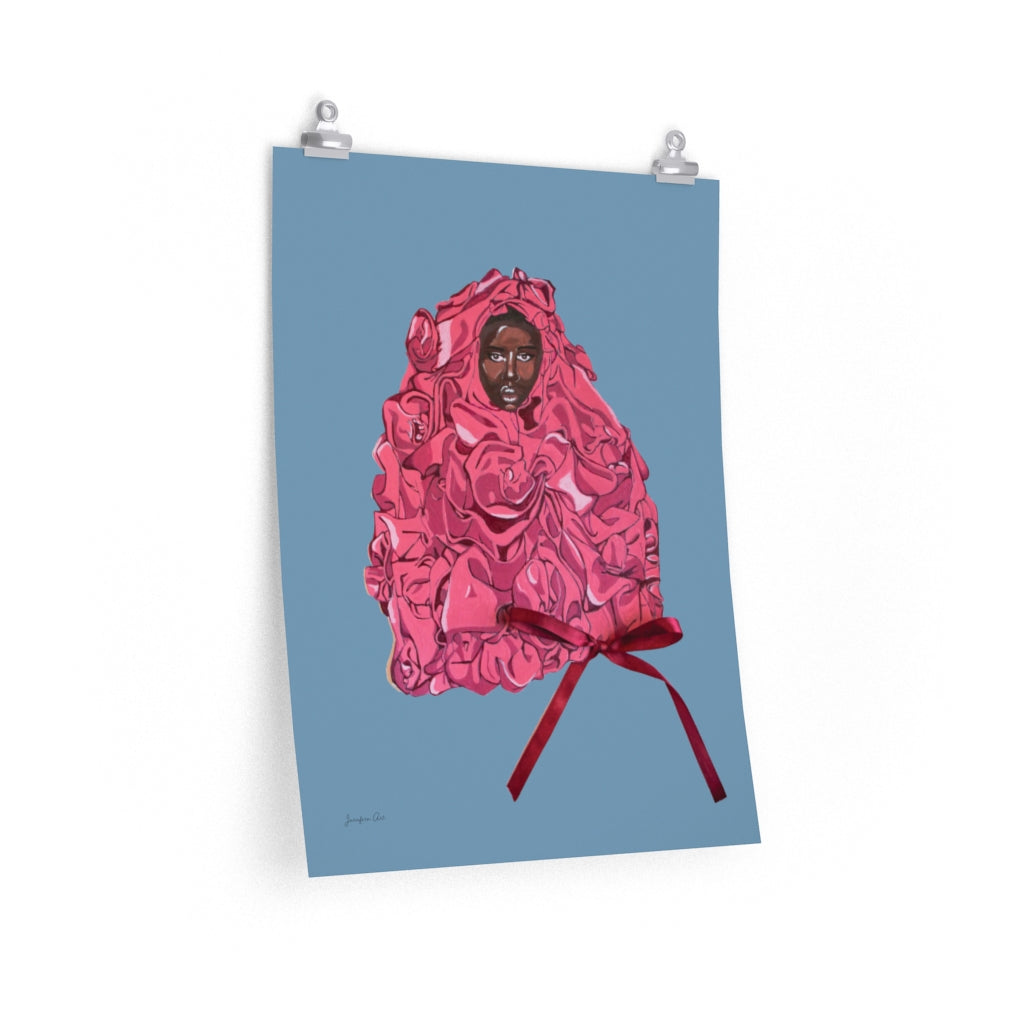 An 18 by 24 inch matte poster with an illustration of model Adut Akech wearing a pink Valentino gown with a bow on it, and a light blue background