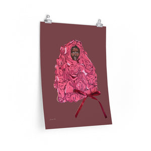 An 18 by 24 inch matte poster with an illustration of model Adut Akech wearing a pink Valentino gown with a bow on it, and a dark pink background