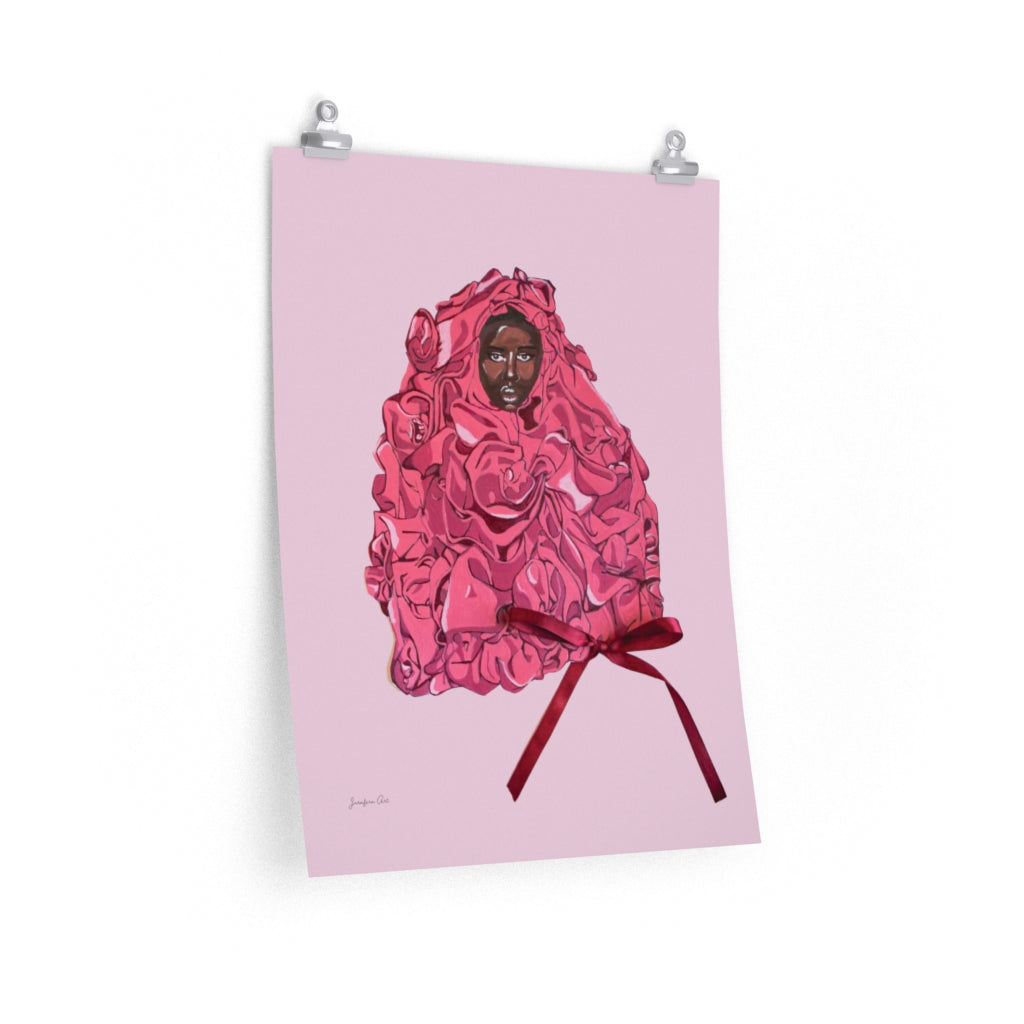 An 18 by 24 inch matte poster with an illustration of model Adut Akech wearing a pink Valentino gown with a bow on it, and a light pink background