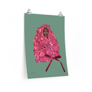 An 18 by 24 inch matte poster with an illustration of model Adut Akech wearing a pink Valentino gown with a bow on it, and a mint green background