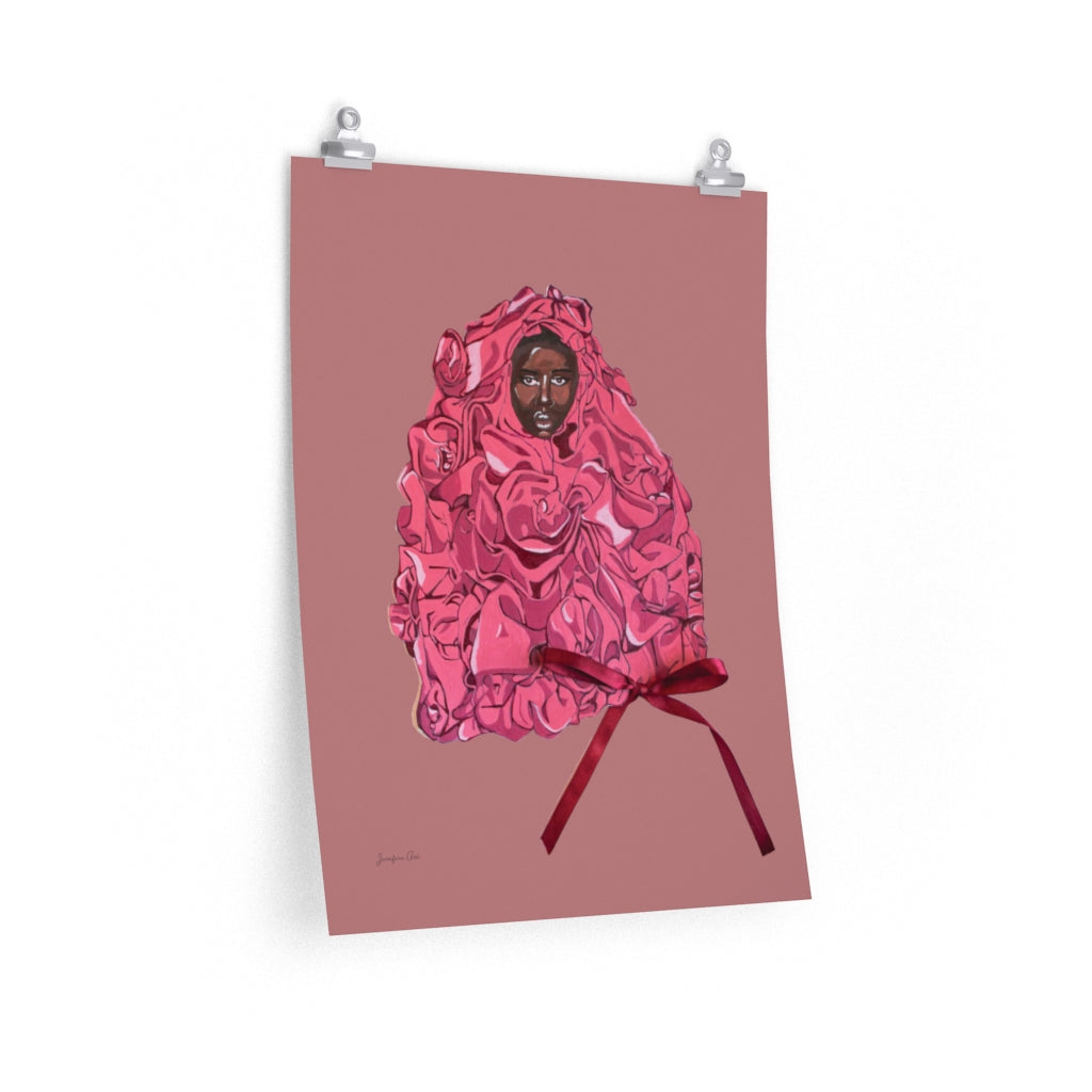 An 18 by 24 inch matte poster with an illustration of model Adut Akech wearing a pink Valentino gown with a bow on it, and a pink background