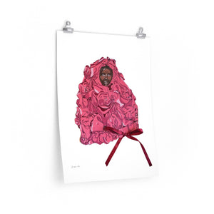 An 18 by 24 inch matte poster with an illustration of model Adut Akech wearing a pink Valentino gown with a bow on it, and a white background