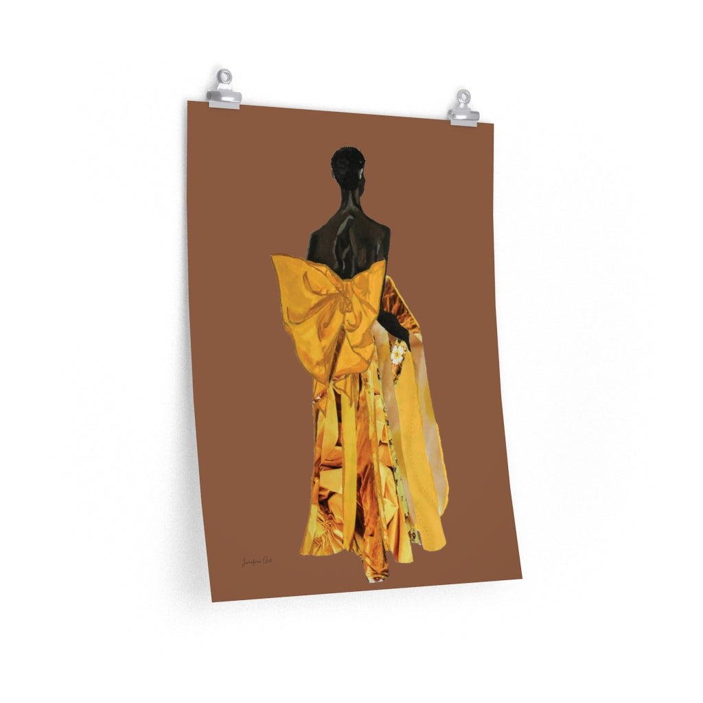 An 18 by 24 inch matte poster with a fashion illustration collage of Black model Akiima Ajak wearing a yellow Valentino gown, with a brown background