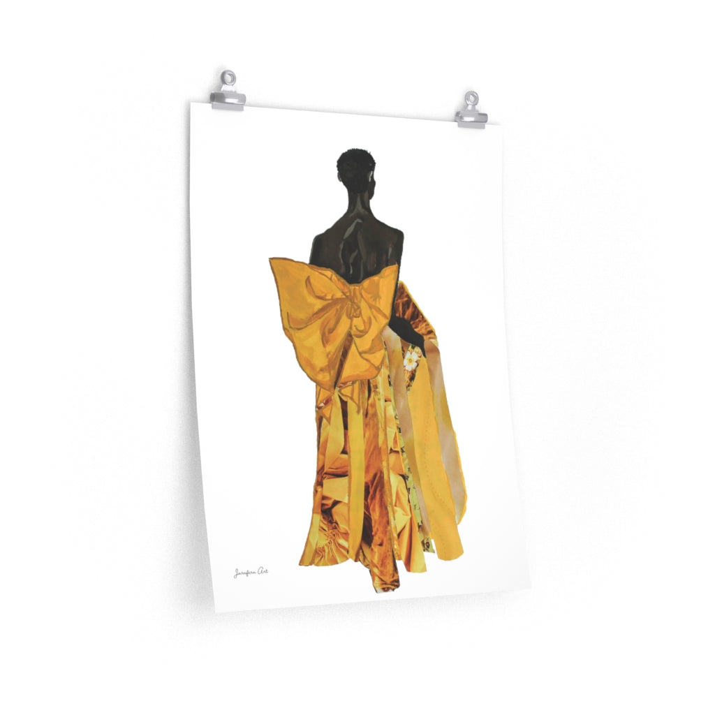 An 18 by 24 inch matte poster with a fashion illustration collage of Black model Akiima Ajak wearing a yellow Valentino gown, with a white background