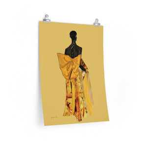 An 18 by 24 inch matte poster with a fashion illustration collage of Black model Akiima Ajak wearing a yellow Valentino gown, with a yellow background