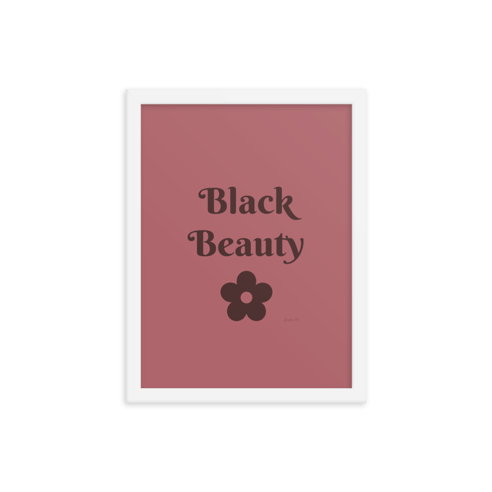 A monochrome pink poster with text that reads "Black Beauty", inside of a white frame