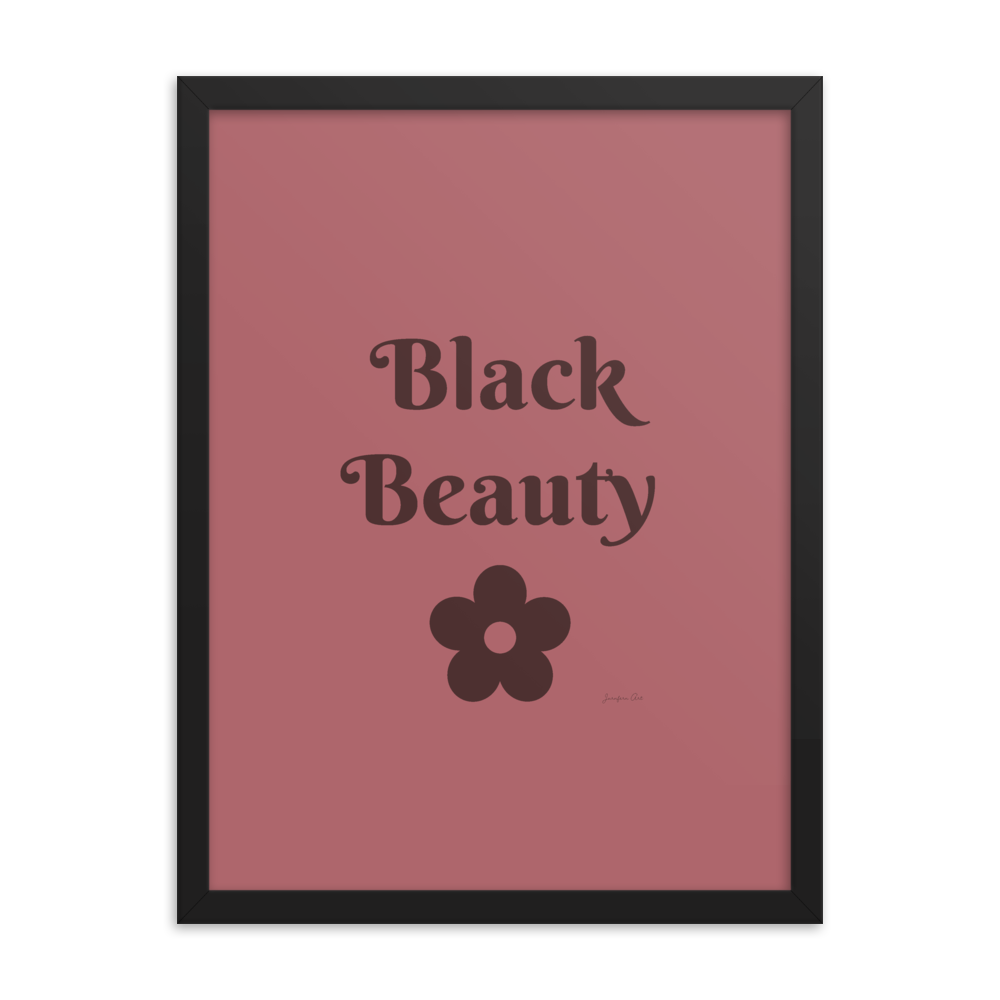 A monochrome pink poster with text that reads "Black Beauty", inside of a black frame