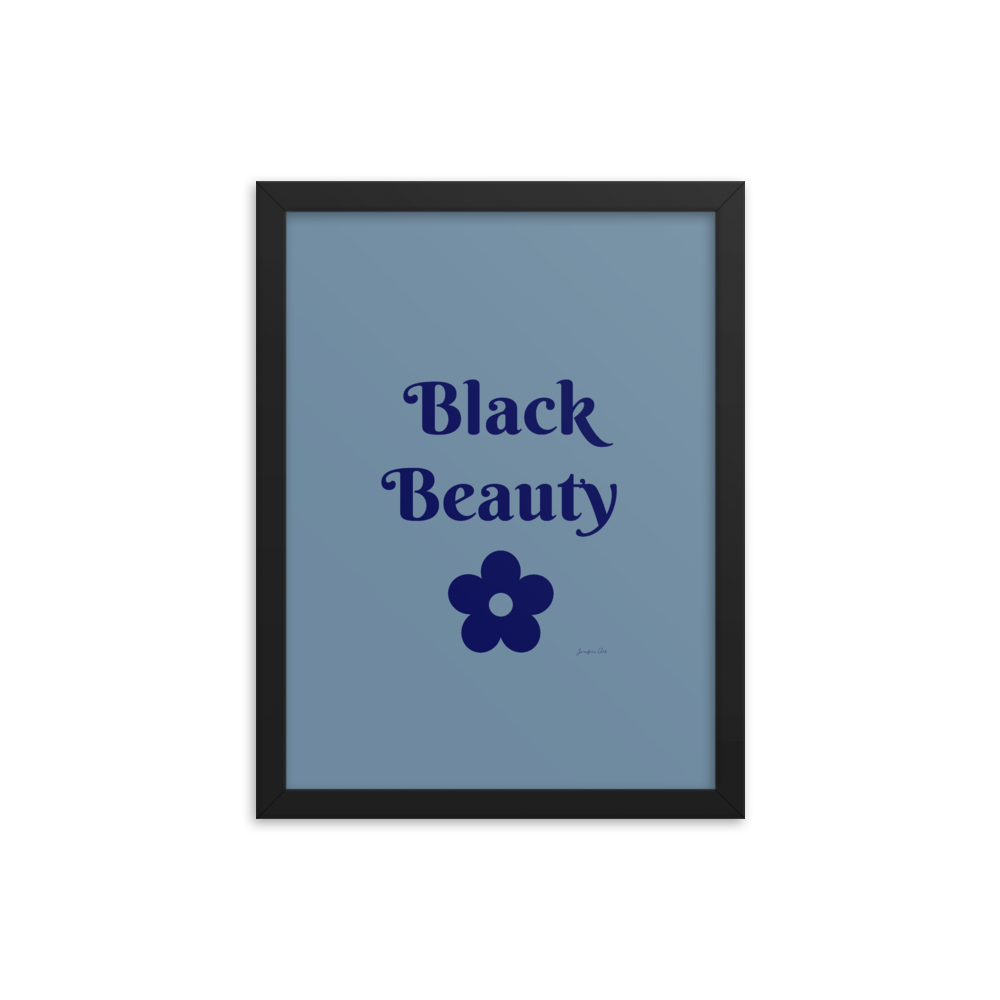 A monochrome blue poster with text that reads "Black Beauty", inside of a black frame