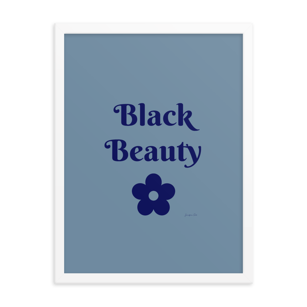 A monochrome blue poster with text that reads "Black Beauty", inside of a white frame