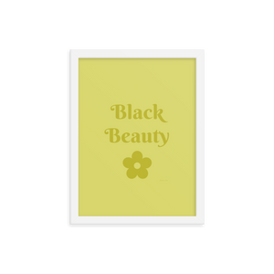 A monochrome yellow poster with text that reads "Black Beauty", inside of a white frame