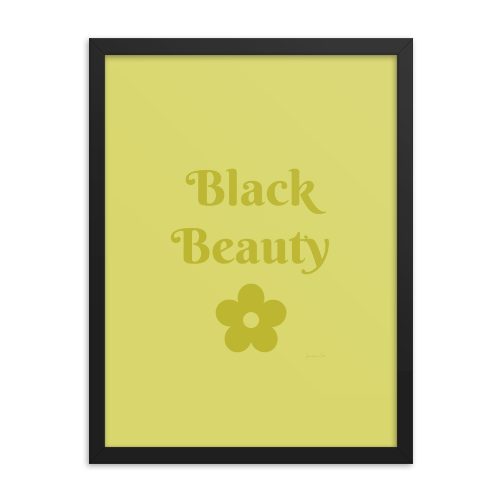 A monochrome yellow poster with text that reads "Black Beauty", inside of a black frame