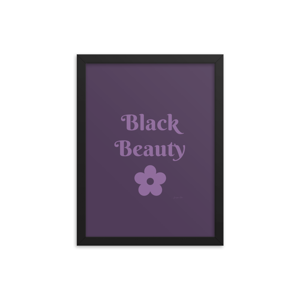 A monochrome purple poster with text that reads "Black Beauty", inside of a black frame