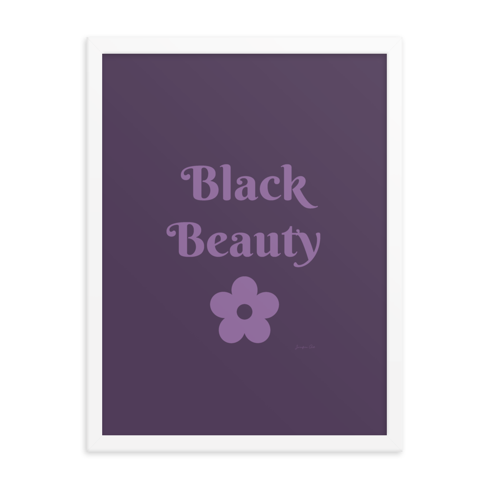 A monochrome purple poster with text that reads "Black Beauty", inside of a white frame