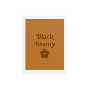 A monochrome orange poster with text that reads "Black Beauty", inside of a white frame