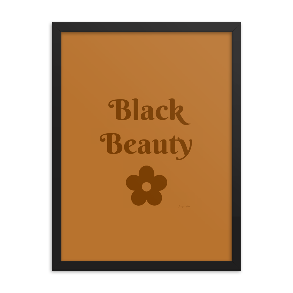 A monochrome orange poster with text that reads "Black Beauty", inside of a black frame