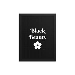 A monochrome black poster with text that reads "Black Beauty", inside of a black frame