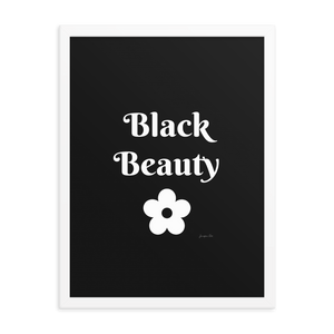 A monochrome black poster with text that reads "Black Beauty", inside of a white frame