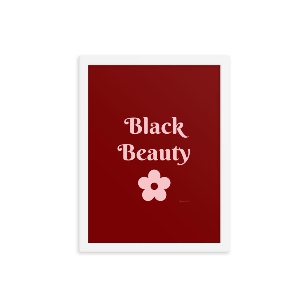 A monochrome red poster with text that reads "Black Beauty", inside of a white frame