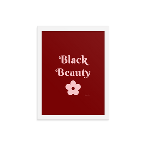 A monochrome red poster with text that reads "Black Beauty", inside of a white frame