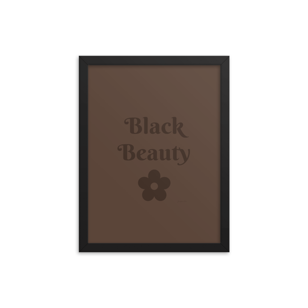A monochrome brown poster with text that reads "Black Beauty", inside of a black frame