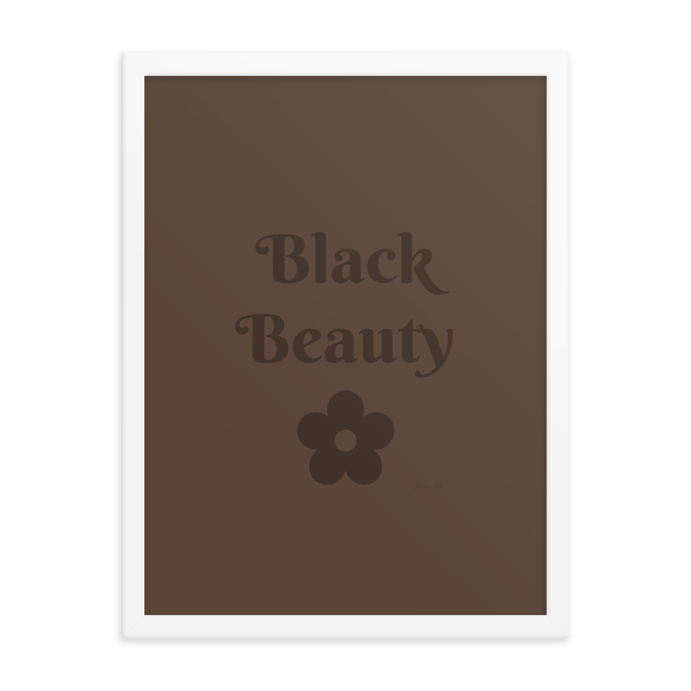 A monochrome brown poster with text that reads "Black Beauty", inside of a white frame