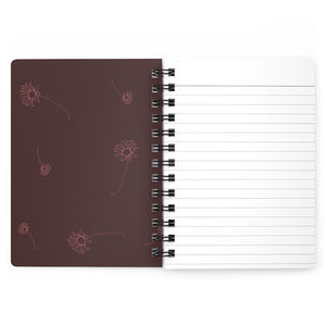 The inside cover of a lined journal that is dark pink with simple light pink flowers