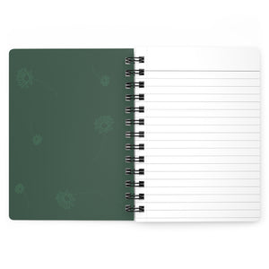 The inside cover of a lined journal that is green with simple light green flowers