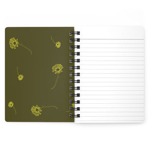 The inside cover of a lined journal that is dark yellow with simple light yellow flowers