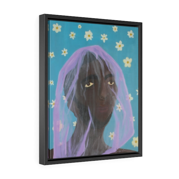 A framed painting on canvas of a man wearing a purple veil over his head, with a blue background with white daisies