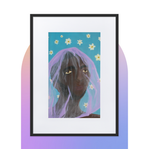 A painting of a man wearing a purple veil over his head with a blue background with white daisies, inside of a large black frame with a white mat boarder