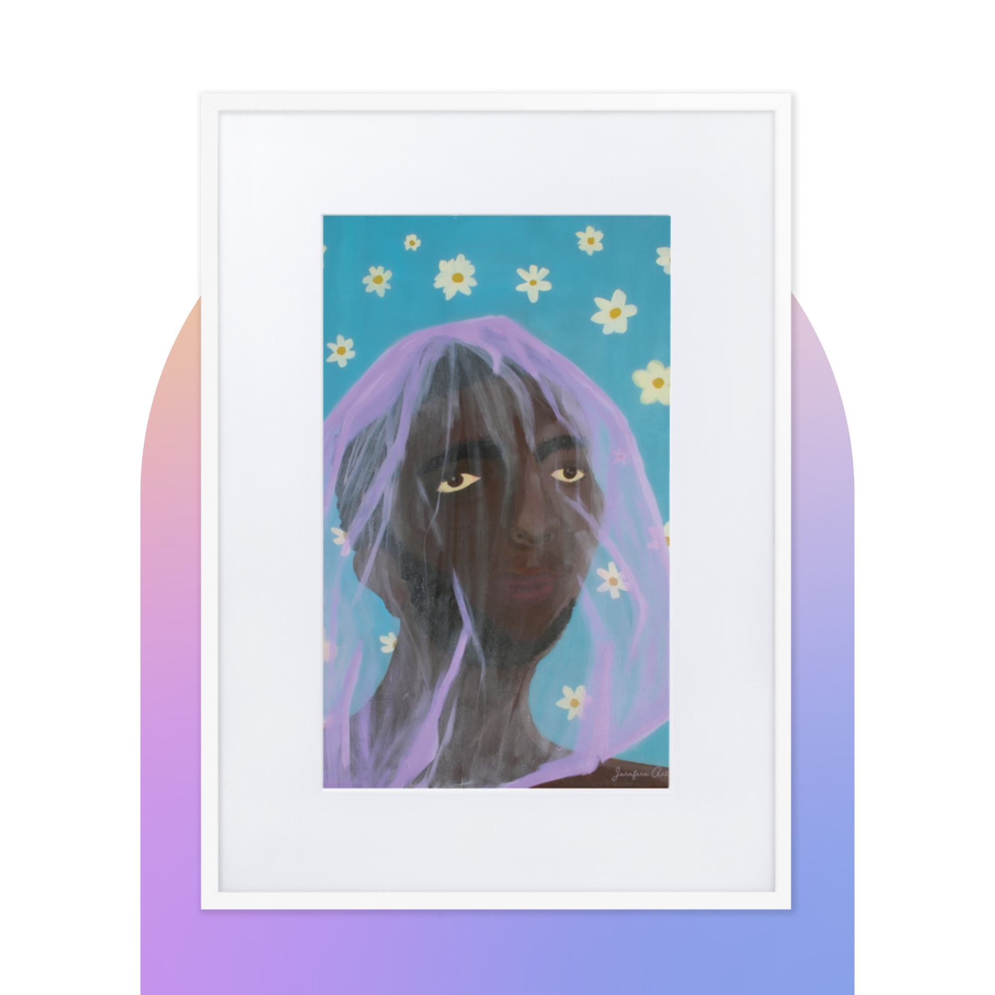 A painting of a man wearing a purple veil over his head with a blue background with white daisies, inside of a large white frame with a white mat boarder