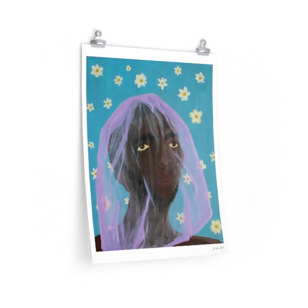 An 18 by 24 inch poster with A painting of a man wearing a purple veil over his face with a blue background with white daisies on it