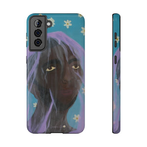 A Samsung Galaxy S21 Plus phone case with an illustration on it of a man wearing a purple veil over his head with a blue background with white daisies