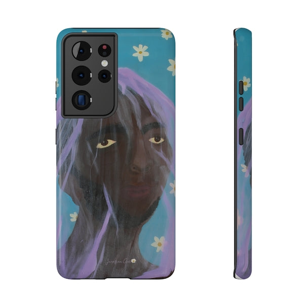 A Samsung Galaxy S21 Ultra phone case with an illustration on it of a man wearing a purple veil over his head with a blue background with white daisies