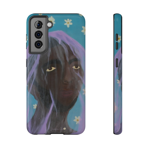 A Samsung Galaxy S21 phone case with an illustration on it of a man wearing a purple veil over his head with a blue background with white daisies