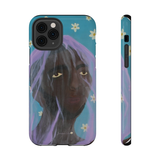 An iPhone 11 Pro phone case with an illustration on it of a man wearing a purple veil over his head with a blue background with white daisies