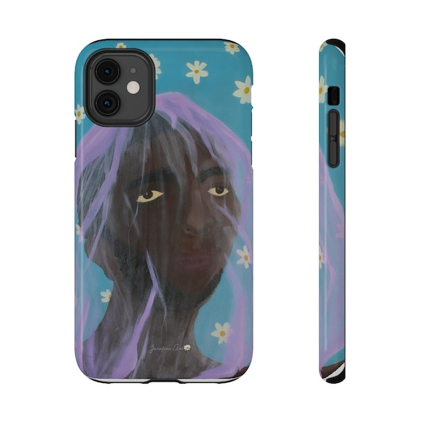 An iPhone 11 phone case with an illustration on it of a man wearing a purple veil over his head with a blue background with white daisies