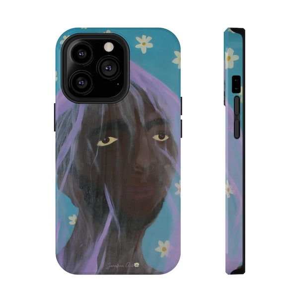An iPhone 13 Pro phone case with an illustration on it of a man wearing a purple veil over his head with a blue background with white daisies