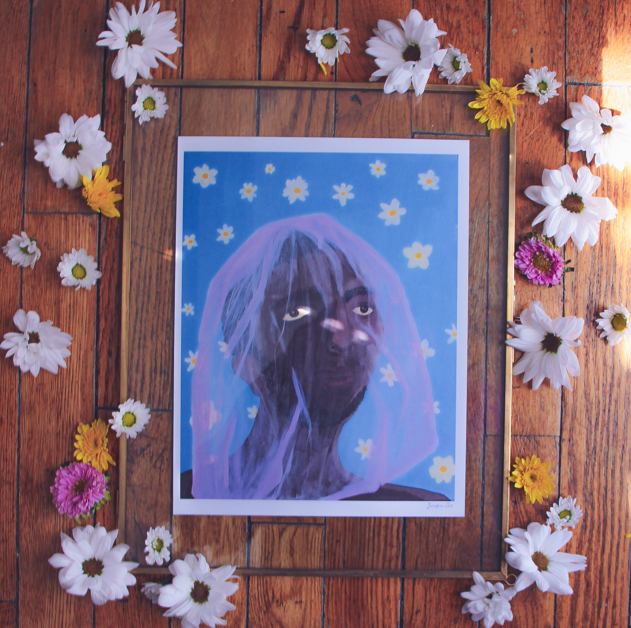 A painting of a man wearing a purple veil over his face with a blue background with white daisies, inside of a gold frame surrounded by fresh daisies