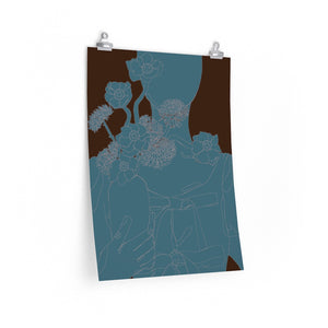 A 18 by 24 inch poster with a minimalist, monochrome blue graphic illustration of a woman holding a vase of flowers