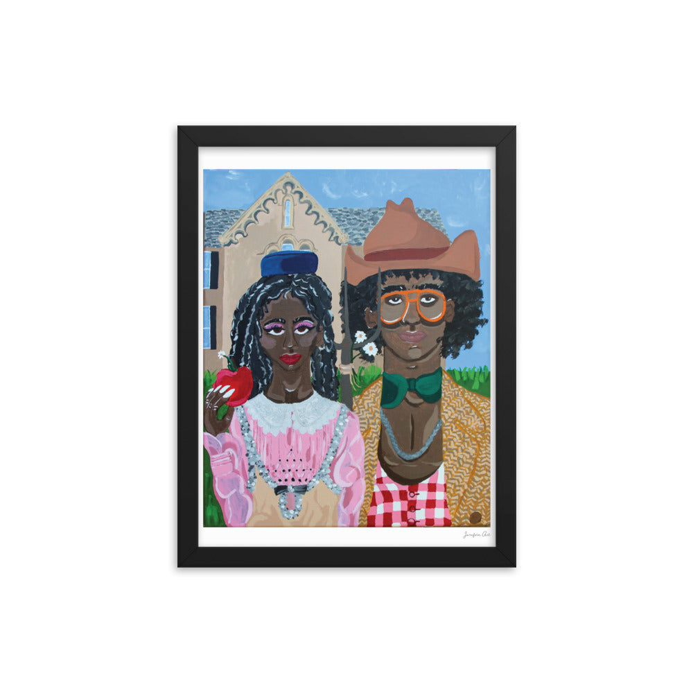 A painting reminiscent of the classic American Gothic, but with a Black couple wearing 'rural' outfits by Gucci, inside of a small black frame                                    