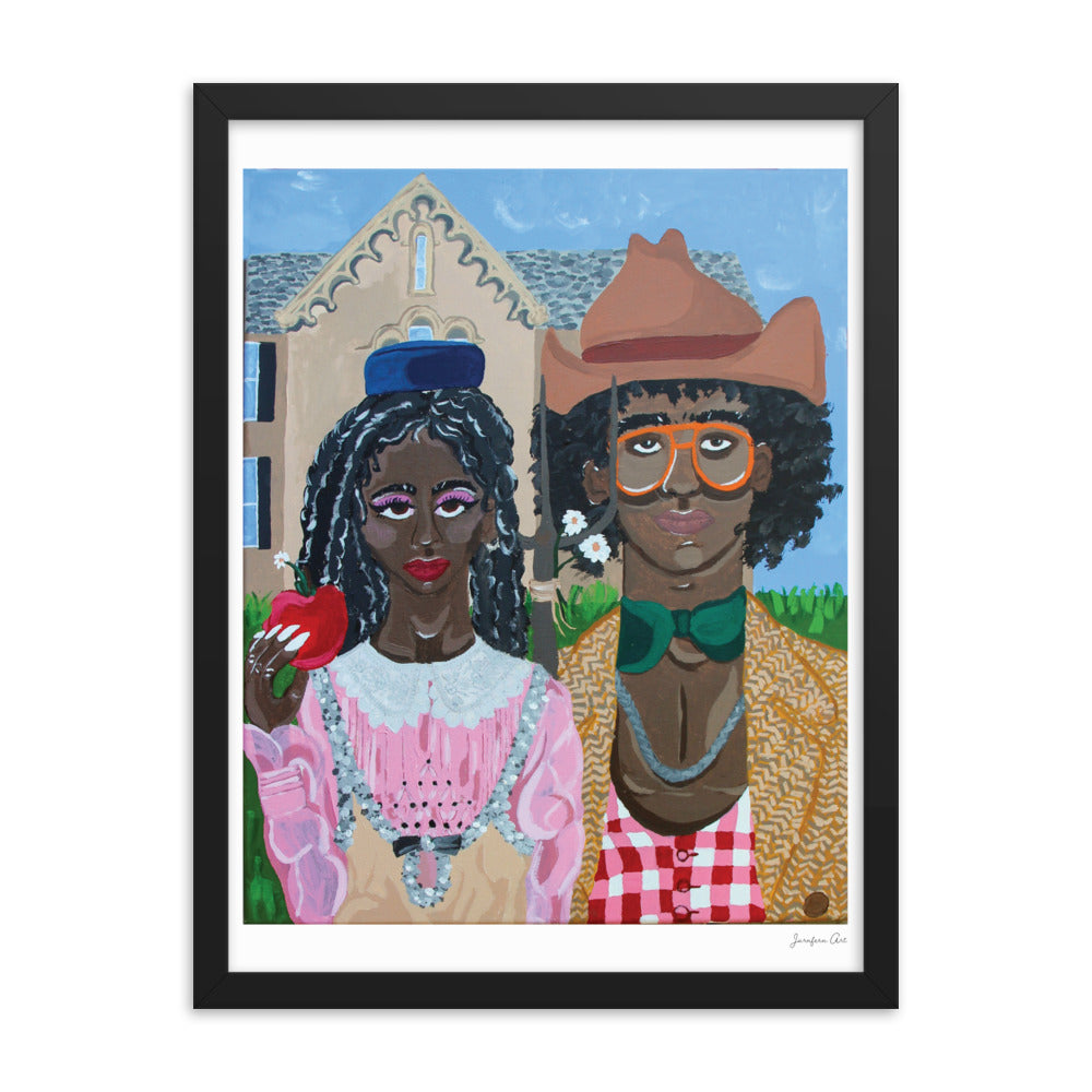 A painting reminiscent of the classic American Gothic, but with a Black couple wearing 'rural' outfits by Gucci, inside of a large black frame                                        