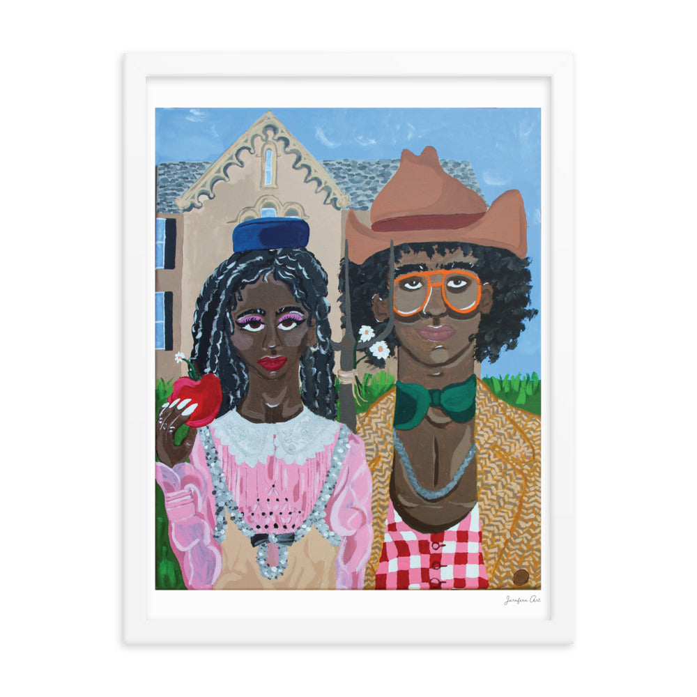 A painting reminiscent of the classic American Gothic, but with a Black couple wearing 'rural' outfits by Gucci, inside of a large white frame                                            